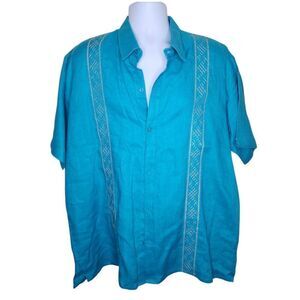 Vintage Mexican Guayabera Embroidered Short Sleeve Shirt Mens Size 46 Blue